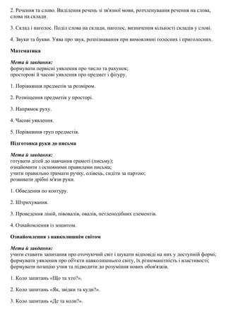 2. Речення та слово. Виділення речень зі зв'язної мови, розчленування речення на слова,
слова на склади.
3. Склад і наголос. Поділ слова на склади, наголос, визначення кількості складів у слові.
4. Звуки та букви. Уява про звук, розпізнавання при вимовлянні голосних і приголосних.
Математика
Мета й завдання:
формувати первісні уявлення про число та рахунок;
просторові й часові уявлення про предмет і фігуру.
1. Порівняння предметів за розміром.
2. Розміщення предметів у просторі.
3. Напрямок руху.
4. Часові уявлення.
5. Порівняння груп предметів.
Підготовка руки до письма
Мета й завдання:
готувати дітей до навчання грамоті (письму);
ознайомити з основними правилами письма;
учити правильно тримати ручку, олівець, сидіти за партою;
розвивати дрібні м'язи руки.
1. Обведення по контуру.
2. Штрихування.
3. Проведення ліній, півовалів, овалів, петлеподібних елементів.
4. Ознайомлення із зошитом.
Ознайомлення з навколишнім світом
Мета й завдання:
учити ставити запитання про оточуючий світ і шукати відповіді на них у доступній формі;
формувати уявлення про об'єкти навколишнього світу, їх різноманітність і властивості;
формувати позицію учня та підводити до розуміння нових обов'язків.
1. Коло запитань «Що та хто?».
2. Коло запитань «Як, звідки та куди?».
3. Коло запитань «Де та коли?».
 
