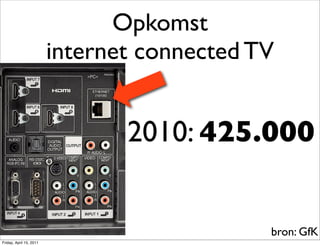 Opkomst
                         internet connected TV


                                2010: 425.000


                                             bron: GfK
Friday, April 15, 2011
 