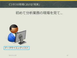 ビジネスの現場における「現実」

初めて分析業務の現場を見て…

データサイエンティスト

2013/11/28

15

 