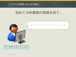ビジネスの現場における「現実」

初めて分析業務の現場を見て…

・・・・・・・・・・・・・・

データサイエンティスト

2013/11/28

16

 