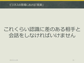 ビジネスの現場における「現実」

これくらい認識に差のある相手と
会話をしなければいけません

2013/11/28

31

 
