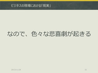 ビジネスの現場における「現実」

なので、色々な悲喜劇が起きる

2013/11/28

32

 