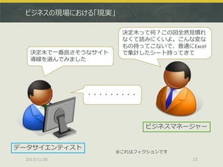 ビジネスの現場における「現実」

決定木で一番良さそうなサイト
導線を選んでみました

決定木って何？この図全然見慣れ
なくて読みにくいよ。こんな変な
もの持ってこないで、普通にExcel
で集計したシート持ってきて

・・・・・・・・・

ビジネスマネージャー
データサイエンティスト
2013/11/28

※これはフィクションです
33

 