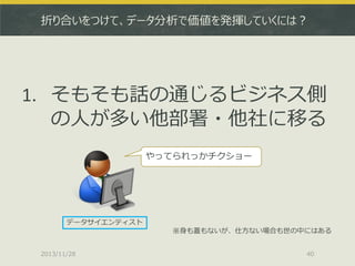 折り合いをつけて、データ分析で価値を発揮していくには？

1. そもそも話の通じるビジネス側
の人が多い他部署・他社に移る
やってられっかチクショー

データサイエンティスト
※身も蓋もないが、仕方ない場合も世の中にはある
2013/11/28

40

 