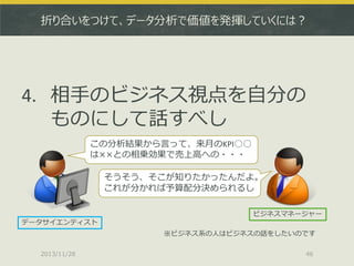 折り合いをつけて、データ分析で価値を発揮していくには？

4. 相手のビジネス視点を自分の
ものにして話すべし
この分析結果から言って、来月のKPI○○
は××との相乗効果で売上高への・・・
そうそう、そこが知りたかったんだよ。
これが分かれば予算配分決められるし
ビジネスマネージャー

データサイエンティスト
※ビジネス系の人はビジネスの話をしたいのです
2013/11/28

46

 