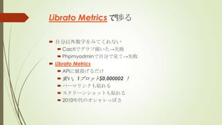 Librato Metricsǒä

? Է֤ߤƤʤ
   ? Cactiǥ褤ʧ
   ? PhpmyadminԷ֤Ҋơʧ
? Librato Metrics
   ? API˂Ͷ
   ? 1ץå$0.000002 
   ? ѩ`ޥ󥯤N
   ? `󥷥åȤN
   ? 2010Υäݤ
 