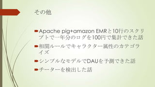 


?Apache pig+amazon EMR10ФΥ
 ץȤһ֤Υ100ҤǼӋǤԒ
?v`ǥ饯`ԤΥƥ
 
?ץʥǥDAUyǤԒ
?``ʳԒ
 