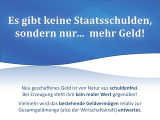 Neu geschaffenes Geld ist von Natur aus schuldenfrei.
Bei Erzeugung steht ihm kein realer Wert gegenüber!
Vielmehr wird das bestehende Geldvermögen relativ zur
Gesamtgeldmenge (also der Wirtschaftskraft) entwertet.
 