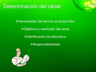 Determinación del canal
Necesidades del servicio al consumidor.
Objetivos y restricción del canal.
Identificación de alternativa.
Responsabilidades.