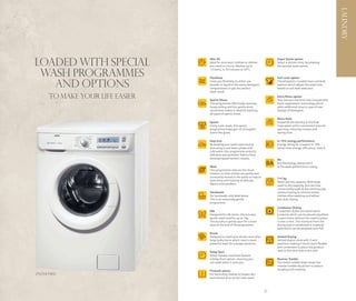 LAUNDRY
Loaded with special
                                        Mini 30                                               Super Quick option
                                        Ideal for once worn clothes or clothes                Select a shorter time, by pressing
                                        you need in a hurry. Washes up to                     the quicker wash option.


 wash programmes
                                        13 items, in 30 minutes at 30°C.

                                        FlexiDose                                             Soil Level option

   and options
                                Flexi
                                Dose    Gives you flexibility to either use                   The Jetsystem+ models have soil level
                                        powder or liquid in the same detergent                options which adjust the wash time
                                        compartment to get the perfect                        based on soil level selection.
                                        wash result.
     TO MAKE YOUR LIFE EASIER           Sports Shoes
                                                                                              Extra Rinse option
                                                                                              Your Zanussi machine now incorporates
                                        This programme effectively removes                    foam suppression technology which
                                        heavy soiling and the gentle drum                     adds additional rinse in case of over
                                        movement makes it ideal for washing                   dosage of detergent.
                                        all types of sports shoes.
                                                                                              Rinse Hold
                                        Sports                                                Suspends the laundry in the final
                                        Using a pre-wash, this sports                         rinse water until a convenient time for
                                        programme helps get rid of tougher                    spinning, reducing creases and
                                        stains like grass.                                    saving time.

                                        Easy Iron                                             A-10% energy performance
                                        By keeping your wash load moving                      Energy rating for a washer is 10%
                                        and using a cool down phase with                      better than energy-efficiency-class A.
                                        cold water, this programme protects
                                        delicates and synthetic fabrics from
                                        developing permanent creases.                         BA
                                                                                              B is the energy rating and A
                                        Wool                                                  is the wash performance rating.
                                        This programme reduces the drum
                                        rotation so that clothes are gently and
                                        constantly moved in the water to reduce               7+5 kg
                                        stretching and matting of delicate             7KG5
                                                                                         +
                                                                                              Wash and dry capacity. With large
                                        fabrics and woollens.                                 wash to dry capacity, you can now
                                                                                              conveniently wash & dry continuously
                                        Handwash                                              without having to remove excess
                                        For handwash only label items.                        clothes after washing and before
                                        This is an extremely gentle                           you start drying.
                                        programme.
                                                                                              Condenser Drying
                                        Silk                                                  Condenser dryers are stand alone
                                        Designed for silk items, this is a very               products which can be placed anywhere
                                        gentle wash load for up to 1kg.                       in your home without the need to place
                                        The laundry is gently spun for a short                it near a vent. The moisture from the
                                        time at the end of the programme.                     drying load is condensed in a special
                                                                                              tank which can be emptied once full.
                                        Duvet
                                        Designed to wash your duvets and other                Vented Drying
                                        large bulky items which need a more                   Vented dryers come with 3 vent
                                        powerful wash for a longer duration.                  positions making it much more flexible
                                                                                              and convenient to place the product
                                        Delay Start                                           next to the vent hole in the wall.
                                        Some Zanussi machines feature
                                        a Delay Start option, meaning you                     Reverse Tumble
                                        can wash when it suits you.                           Our entire tumble dryer range has
                                                                                              reverse tumble dry action to reduce
                                        Prewash option                                        tangling and creasing.
ZWF14791W                               For extra dirty clothes to loosen dirt
                                        and remove prior to the main wash.



                16                                                                17
 