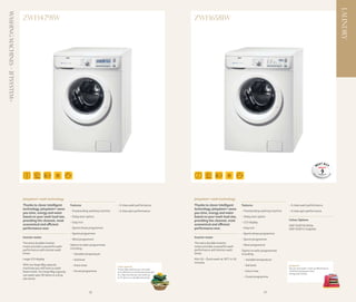 LAUNDRY
Washing Machines – Jetsystem+
                                ZWF14791W                                                                                                        ZWF16581W




                                                          21                                                                                                               21




                                                                                                                                                                                                                                               Wa




                                                                                                                                                                                                                                                                                     9
                                                                                                                                                                                                                                                 hi




                                                                                                                                                                                                                                                                                00
                                                                                                                                                                                                                                                      ng                             2




                                                                                                                                                                                                                                                 s
                                                                                                                                                                                                                                                           Mach               ar y
                                                          PROG.                                                                                                            PROG.
                                                                                                                                                                                                                                                                  ines Janu




                                Jetsystem+ wash technology                                                                                       Jetsystem+ wash technology
                                Thanks to clever intelligent          Features                         - A class wash performance                Thanks to clever intelligent         Features                         - A class wash performance
                                technology, Jetsystem+ saves                                                                                     technology, Jetsystem+ saves
                                                                      - Freestanding washing machine   - A class spin performance                                                     - Freestanding washing machine   - A class spin performance
                                you time, energy and water                                                                                       you time, energy and water
                                based on your wash load size,         - Delay start option                                                       based on your wash load size,        - Delay start option
                                providing the cleanest, most                                                                                     providing the cleanest, most                                          Colour Options
                                                                      - Easy iron                                                                                                     - LCD display
                                economical and efficient                                                                                         economical and efficient                                              ZWF16581W White
                                performance ever.                     - Sports shoes programme                                                   performance ever.                    - Easy iron                      ZWF16581G Graphite
                                                                      - Sports programme                                                                                              - Sports shoes programme
                                Inverter motor                                                                                                   Inverter motor
                                                                      - Wool programme                                                                                                - Sports programme
                                The extra durable inverter                                                                                       The extra durable inverter
                                                                      Option to tailor programmes                                                                                     - Wool programme
                                motor provides a powerful wash                                                                                   motor provides a powerful wash
                                                                      including:
                                performance with shorter wash                                                                                    performance with shorter wash        Option to tailor programmes
                                times.                                 - Variable temperature                                                    times.                               including:
                                Large LCD display                      - Soil level                                                              Mini 30 - Quick wash at 30°C in 30    - Variable temperature
                                                                                                                                                 minutes
                                With our large 8kg capacity            - Extra rinse                                                                                                   - Soil level                    Jetsystem+
                                                                                                       Large capacity
                                machines you will have to wash                                         In your 8kg machine you can wash                                                                                You can now wash 1 item as effectively as
                                fewer times. Our large 8kg capacity    - Duvet programme               up to 40 items or a king size duvet and                                         - Extra rinse                   a full load saving you time,
                                                                                                                                                                                                                       energy and money.
                                can wash upto 40 items or a king                                       in a 7kg machine you can wash up
                                                                                                                                                                                       - Duvet programme
                                                                                                       to 35 items or a double size duvet.
                                size duvet.



                                                                                       18                                                                                                               19
 