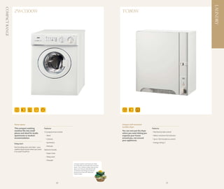 LAUNDRY
Compact Range
                ZWC1300W                                                                                                     TC180W




                  3
                  KG
                                                                                                                              3.4
                                                                                                                               KG
                                  1300




                Saves space                                                                                                  Unique wall mounted
                                                                                                                             tumble dryer
                This compact washing                   Features                                                                                           Features
                machine fits into small                                                                                      You can now put the dryer
                                                       15 programmes include                                                                              - Mechanical dial control
                places and ideal for studio                                                                                  where you want letting you
                apartments or student                   - Wool                                                               organise your house          - Water container full indicator
                accommodation.                          - Cottons
                                                                                                                             around you, not around       - Up to 120 minutes to control
                                                                                                                             your appliances.
                                                        - Synthetics                                                                                      - Energy rating: C
                Delay start
                                                        - Delicate
                Set the delay start and relax - your
                washer dryer knows when you want       Options include:
                it to switch itself on.
                                                        - Super rinse
                                                        - Delay start
                                                        - Prewash
                                                                               Compact washers and dryers are ideal
                                                                               for studio flats and homes with very little
                                                                               space. Our compact range takes up less
                                                                               space, but they are still packed with
                                                                               innovative technology and special
                                                                               programmes that will make your
                                                                               chores easier.




                                                                        38                                                                                                     39
 
