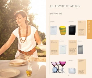 FILLED WITH FEATURES.

     DISHWASHERS




                                                                                         DISHWASHERS
     ZDF4010                             ZDF3020N                    Low
                                                                     energy.




                                                                     A rated machines
                                                                     mean minimal
                                                                     energy and water
                                                                     consumption,
                                                                     helping the
                                                                     environment and
                                                                     saving you money.




      JUST                     ZDF2020        AUTOMATIC             ZDS2010S
      30 MINUTES.                             PROGRAMME.




                                              The dishwasher will
                                              choose the correct
      Cleans dishes in half                   temperature, time,
      an hour when you’re                     water consumption
      short of time, but                      and energy based
      still gives an A rated                  on what is in the
      wash performance.                       dishwasher.




                                         ZSF2450                     Not much
                                                                     space?




                                                                     With our tabletop
                                                                     compact, every
                                                                     kitchen has room
                                                                     for a dishwasher.

46                                       47
 