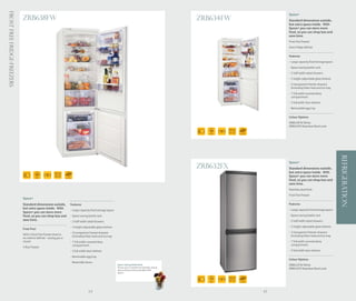 Frost Free Fridge-Freezers
                                                                                                                                                                                                 Space+
                             ZRB638FW                                                                                                                       ZRB634FW                             Standard dimensions outside,
                                                                                                                                                                                                 but extra space inside. With
                                                                                                                                                                                                 Space+ you can store more
                                                                                                                                                                                                 food, so you can shop less and
                                                                                                                                                                                                 save time.
                                                                                                                                                                                                 Frost free freezer
                                                                                                                                                                                                 Auto Fridge defrost

                                                                                                                                                                                                 Features
                                                                                                                                                                                                 - Large capacity food storage space
                                                                                                                                                                                                 - Space saving bottle rack
                                                                                                                                                                                                 - 2 half width salad drawers
                                                                                                                                                                                                 - 3 height adjustable glass shelves
                                                                                                                                                                                                 - 3 transparent freezer drawers
                                                                                                                                                                                                   (including Maxi-box) and ice tray
                                                                                                                                                                                                 - 1 full width covered dairy
                                                                                                                                                                                                   compartment
                                                                                                                                                                                                 - 2 full width door shelves
                                                                                                                                                                                                 - Removable egg tray

                                                                                                                                                                                                 Colour Options
                                                                                                                                                                                                 ZRB634FW White
                                                                                                                                                                                                 ZRB634FX Stainless Steel Look
                                                                                                                                                                       249 Ltr
                                                                                                                                                               185
                                                                                                                                                               CM      91 Ltr
                                                                                                                                                                                 NO FROST




                                                                                                                                                                                                                                       REFRIGERATION
                                                                                                                                                                                                 Space+
                                                                                                                                                            ZRB632FX                             Standard dimensions outside,
                                                       291 Ltr                                                                                                                                   but extra space inside. With
                                       200
                                        CM              91 Ltr
                                                                  NO FROST
                                                                                                                                                                                                 Space+ you can store more
                                                                                                                                                                                                 food, so you can shop less and
                                                                                                                                                                                                 save time.
                                                                                                                                                                                                 Stainless steel look
                                                                                                                                                                                                 Frost free freezer
                             Space+
                             Standard dimensions outside,               Features                                                                                                                 Features
                             but extra space inside. With                                                                                                                                        - Large capacity food storage space
                                                                        - Large capacity food storage space
                             Space+ you can store more
                             food, so you can shop less and             - Space saving bottle rack                                                                                               - Space saving bottle rack
                             save time.                                 - 2 half width salad drawers                                                                                             - 2 half width salad drawers
                                                                        - 3 height adjustable glass shelves                                                                                      - 3 height adjustable glass shelves
                             Frost free!
                                                                        - 3 transparent freezer drawers                                                                                          - 3 transparent freezer drawers
                             With a frost free freezer there is                                                                                                                                    (including Maxi-box) and ice tray
                                                                          (including Maxi-box) and ice tray
                             no need to defrost - saving you a
                             chore!                                     - 1 full width covered dairy                                                                                             - 1 full width covered dairy
                                                                          compartment                                                                                                              compartment
                             4 Star freezer
                                                                        - 3 full width door shelves                                                                                              - 2 full width door shelves
                                                                        - Removable egg tray
                                                                                                                                                                                                 Colour Options
                                                                        - Reversible doors
                                                                                                              Space Saving Bottle Rack                                                           ZRB632FW White
                                                                                                              Stores up to 5 bottles horizontally, saving
                                                                                                              space without losing valuable shelf
                                                                                                                                                                                                 ZRB632FX Stainless Steel Look
                                                                                                              space.
                                                                                                                                                                       226 Ltr
                                                                                                                                                               175
                                                                                                                                                               CM      91 Ltr
                                                                                                                                                                                 NO FROST




                                                                                       64                                                                                                   65
 