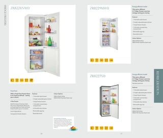 Fridge Freezers
                                                                                                                                                                                 Energy efficient model
                  ZRB224NW0                                                                                                                       ZRB229MW0                      This extra-efficient
                                                                                                                                                                                 A+ fridge-freezer uses less
                                                                                                                                                                                 energy, saving you money.

                                                                                                                                                                                 Features
                                                                                                                                                                                 - 1 full width salad drawer
                                                                                                                                                                                 - 2 height adjustable glass shelves
                                                                                                                                                                                 - 3 large freezer drawers
                                                                                                                                                                                 - 1 full width covered dairy
                                                                                                                                                                                   compartment
                                                                                                                                                                                 - Removable egg tray
                                                                                                                                                                                 - Reversible doors

                                                                                                                                                                                 Colour Options
                                                                                                                                                                                 ZRB229MWO White
                                                                                                                                                                                 ZRB229MXO Stainless Steel Look




                                                                                                                                                                  172 Ltr
                                                                                                                                                     175
                                                                                                                                                      CM          120 Ltr




                                                                                                                                                                                                                       REFRIGERATION
                                                                                                                                                                                 Energy efficient model
                                                                                                                                                  ZRB227X0                       This extra-efficient
                                            168 Ltr                                                                                                                              A+ fridge-freezer uses less
                            169      55.4
                             CM      CM      66 Ltr
                                                         NO FROST
                                                                                                                                                                                 energy, saving you money.
                                                                                                                                                                                 Stainless steel look

                                                                                                                                                                                 Features
                                                                                                                                                                                 - 1 full width salad drawer
                  Frost free!
                                                                                                                                                                                 - 2 height adjustable glass shelves
                  With a frost free freezer there              Features                              Colour Options
                  is no need to defrost - saving                                                                                                                                 - 3 large freezer drawers
                                                               - 1 full width salad drawer           ZRB224NWO White
                  you a chore!                                                                       ZRB224NXO Stainless Steel Look                                              - 1 full width covered dairy
                                                               - 2 height adjustable glass shelves                                                                                 compartment
                  4 Star freezer                               - 3 large freezer drawers                                                                                         - 3 full width door shelves
                  Ideal for all your freezing needs,           - 1 full width covered dairy                                                                                      - Removable egg tray
                  this 4 star rated freezer allows you           compartment
                  to freeze food from fresh and store
                  frozen food for up to 12 months.             - 3 full width door shelves                                                                                       Colour Options
                  Auto Fridge defrost                          - Removable egg tray                                                                                              ZRB227WO White
                                                               - Reversible doors                                                                                                ZRB227XO Stainless Steel Look
                  Transparent freezer drawers


                                                                                                     More Benefits of Frost Free
                                                                                                     As well as saving you the chore of having
                                                                                                     to defrost the freezer you also get the
                                                                                                     added benefit of no loss of storage space,
                                                                                                     no deterioration of energy consumption
                                                                                                     due to ice build up and food is preserved
                                                                                                     individually so things don’t stick
                                                                                                     together.                                                    178 Ltr
                                                                                                                                                     169   55.4
                                                                                                                                                           CM
                                                                                                                                                     CM           68 Ltr




                                                                              66                                                                                            67
 