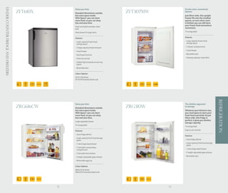 Under Counter Fridge and Freezers
                                                                           Saves you time                                                 For the extra-convenient
                                    ZFT610X                                Standard dimensions outside,          ZFT307MW                 kitchen
                                                                           but extra space inside.                                        Just 50cm wide, this upright
                                                                           With Space+ you can store                                      freezer fits into the smallest
                                                                           more food, so you can shop                                     spaces, so even when room
                                                                           less and save time.                                            is limited, you can still store
                                                                                                                                          your frozen food somewhere
                                                                           Fresh and stylish stainless-steel
                                                                           look                                                           convenient.

                                                                           Maxi drawer for large items                                    ’A’ energy label


                                                                           Features                                                       Features

                                                                           - Large capacity frozen food                                   - Large capacity frozen food
                                                                             storage space                                                  storage space

                                                                           - 3 large capacity freezer drawers                             - 3 freezer compartments

                                                                           - 4 star freezer                                               - 4 star freezer

                                                                           - Fast freeze function                                         - Reversible door

                                                                           - External controls                                            - Freezing capacity: 6 kg/24hrs

                                                                           - Visible high temperature warning
                                                                             signal
                                                                           - Reversible door

                                                                           Colour Options
                                                                           ZFT61 0W White
                                                                           ZFT610X Stainless Steel Look

                                       85
                                       CM
                                              110 Ltr                                                               85     70 Ltr
                                                                                                                    CM
                                                        FAST FREEZE




                                                                                                                                                                                REFRIGERATION
                                                                           Saves you time                                                 The slimline approach
                                    ZRG616CW                               Standard dimensions outside,          ZRG310W                  to storage
                                                                           but extra space inside.                                        Whatever your kitchen’s size,
                                                                           With Space+ you can store                                      you need space to store your
                                                                           more food, so you can shop                                     fresh food and drink! At just
                                                                           less and save time.                                            50cm wide, this fridge is
                                                                                                                                          perfect: it gives you slimline
                                                                           Large vegetable drawer
                                                                                                                                          storage capacity.
                                                                           ’A’ energy label
                                                                                                                                          ’A’ energy label

                                                                           Features                                                       Easy to use controls

                                                                           - Auto fridge defrost
                                                                                                                                          Features
                                                                           - Large capacity fresh food storage
                                                                             space                                                        - Auto fridge defrost

                                                                           - 1 extra large salad drawer                                   - Large capacity fresh food storage
                                                                                                                                            space
                                                                           - 1 full width covered dairy
                                                                             compartment                                                  - 1 extra large salad drawer

                                                                           - 2 full width door shelves                                    - 2 height adjustable glass shelves

                                                                           - 2 height adjustable glass shelves                            - Reversible door

                                                                           - Removable egg tray

                                                                           Colour Options
                                                                           ZRG616CW White
                                                                           ZRG616CX Stainless Steel Look


                                       85     155 Ltr                                                               85     105 Ltr
                                       CM                                                                           CM




                                                                      72                                                             73
 