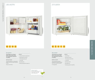 Compact Refrigeration
                        ZRX407W                                                                                                                 ZFX305W




                                                                                                                                                                                                                               REFRIGERATION
                                                  5 Ltr
                                  52      52.5
                                           CM
                                                                                                                                                          52       52.5
                                                                                                                                                                    CM
                                                                                                                                                                           50 Ltr
                                  CM              65 Ltr                                                                                                   CM
                                                                                                                                                                                     FAST FREEZE




                        Fits anywhere                                                                                                           Ultra compact
                        This fridge is so compact              Features                                                                         This freezer is so compact                   Features
                        that it can fit where most                                                                                              that it can fit where most
                                                               - 5 litre Ice freezer compartment                                                                                             - 4 star freezer
                        can’t, giving you maximum                                                                                               can’t, giving you maximum
                        versatility.                           - 2 half width door shelves                                                      versatility.                                 - Fast freeze function
                                                               - 1 full width bottle shelf                                                                                                   - Thermostat control knob
                        Saves you money                                                                                                         Needs no manual
                                                               - 1 wire shelf                                                                                                                - 1 wire shelf
                        This extra efficient A+ energy rated                                                                                    The controls are so easy to
                        product uses less energy, saving you   - Reversible door                                                                understand, it’s almost intuitive.           - External controls
                        money.                                 - Freezing compartment type: Ice                                                 You’ll never need the manual!                - Reversible door
                        Easy to use controls                                                                                                    ’A’ energy label                             - Freezing capacity: 7 kg/24hrs




                                                                                                   Suitable for Anywhere
                                                                                                   Due to their compact size, this fridge and
                                                                                                   freezer is perfect for the office,
                                                                                                   student bedsit or even tucked
                                                                                                   behind a cupboard door.




                                                                                76                                                                                                                               77
 