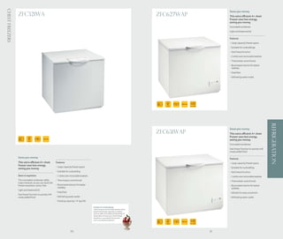Chest Freezers
                                                                                                                                                                                            Saves you money
                 ZFC321WA page
                   1 product per                                                                                                            ZFC627WAP
                                                                                                                                              1 product per page                            This extra efficient A+ chest
                                                                                                                                                                                            freezer uses less energy,
                        2 products per page - first product                                                                                    2 products per page - first product          saving you money.
                                                                                                                                                                                            Concealed condenser
                                                                                                                                                                                            Light and balanced lid

                                                                                                                                                                                            Features
                                                                                                                                                                                            - Large capacity freezer space
                                                                                                                                                                                            - Suitable for outbuildings
                                                                                                                                                                                            - Fast freeze function
                                                                                                                                                                                            - 2 white wire removable baskets
                                                                                                                                                                                            - Thermostat control knob
                                                                                                                                                                                            - Illuminated interior for better
                                                                                                                                                                                              visibility
                                                                                                                                                                                            - Fixed feet
                                                                                                                                                                                            - Defrosting water outlet




                                                                                                                                                  87    93.5
                                                                                                                                                         CM
                                                                                                                                                                263
                                                                                                                                                               263 Ltr
                                                                                                                                                                 Ltr
                                                                                                                                                   CM
                                                                                                                                                                         FAST FREEZE




                                                                                                                                                                                                                                    REFRIGERATION
                                                                                                                                                                                            Saves you money

                        2 products per page - second product                                                                                ZFC631WAP - second product
                                                                                                                                              2 products per page                           This extra efficient A+ chest
                                                                                                                                                                                            freezer uses less energy,
                            87              213 Ltr
                            CM                                                                                                                                                              saving you money.
                                                                                                                                                                                            Concealed condenser
                                                                                                                                                                                            Fast freeze function to quickly chill
                                                                                                                                                                                            newly added food

                 Saves you money                                                                                                                                                            Features
                 This extra efficient A+ chest           Features                                                                                                                           - Large capacity freezer space
                 freezer uses less energy,
                                                         - Large capacity freezer space                                                                                                     - Suitable for outbuilding
                 saving you money.
                                                         - Suitable for outbuilding                                                                                                         - Fast freeze function
                 Store it anywhere                       - 1 white wire removable baskets                                                                                                   - 3 white wire removable baskets
                 The concealed condenser safely          - Thermostat control knob                                                                                                          - Thermostat control knob
                 traps moisture, so you can store the
                 freezer anywhere, worry-free.           - Illuminated interior for better                                                                                                  - Illuminated interior for better
                                                           visibility                                                                                                                         visibility
                 Light and balanced lid
                                                         - Fixed feet                                                                                                                       - Wheels for easy movement
                 Fast freeze function to quickly chill
                 newly added food                        - Defrosting water outlet                                                                                                          - Defrosting water outlet
                                                         - Freezing capacity: 14 kg/24h

                                                                                             Suitable for Outbuildings
                                                                                             Chest freezers are the ideal solution when
                                                                                             large food storage capacity is needed.
                                                                                             Zanussi offers the additional flexibility of
                                                                                             being able to house your chest freezer
                                                                                             wherever is convenient for you due
                                                                                             to it’s concealed condenser.
                                                                                                                                                  87    105
                                                                                                                                                         CM
                                                                                                                                                               304 Ltr
                                                                                                                                                   CM
                                                                                                                                                                         FAST FREEZE




                                                                         80                                                                                                            81
 