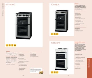 Electric Cookers
                                                                                                                                                          ’A’ energy
                   ZCV563DX                                                                                                              ZCV561DX         ’A’ energy rating in the main
                                                                                                                                                          oven, helping you to help the
                                                                                                                                                          environment and your pocket.
                                                                                                                                                          Thermaflow® fan-cooking system
                                                                                                                                                          for an even temperature

                                                                                                                                                          Features
                                                                                                                                                          - 4 ceramic zones
                                                                                                                                                            in 2 different sizes
                                                                                                                                                          - Hot hob indicator
                                                                                                                                                          Top cavity features:
                                                                                                                                                           - Separate grill in the top cavity
                                                                                                                                                          Main oven features:
                                                                                                                                                           - Thermaflow® fan oven
                                                                                                                                                           - Fan controlled defrosting
                                                                                                                                                          Cooker features:
                                                                                                                                                           - Enamel liners

                                                                                                                                                          Colour Options
                                                                                                                                                          ZCV561DW White
                                                                                                                                                          ZCV561DX Stainless Steel




                                                                                                                                                          Thermaflow® fan operated
                                                                                                                                         ZCE560DW         cooking
                                       AUTO
                                       COOK
                                                                                                                                                          The clever placement of the
                                                                                                                                                          fan ensures no transfer of
                                                                                                                                                          flavour or taste from one dish
                                                                                                                                                          to another. Lower cooking
                                                                                                                                                          temperatures and shorter
                                                                                                                                                          cooking times, helps you save
                                                                                                                                                          time and money.
                   ’A’ energy
                   ’A’ energy rating in the main      Features                              Colour Options                                                Features
                   oven, helping you to help the                                                                                                          - 4 solid plates in 2 sizes
                                                      - 4 ceramic zones                     ZCV563DW White
                   environment and your pocket.         in 2 different sizes                ZCV563DN Black
                                                                                            ZCV563DX Stainless Steel                                      Top cavity features:
                                                      - Hot hob indicator
                   Thermaflow® fan oven, the clever                                                                                                        - Separate grill in the top cavity
                   placement of the fan ensures       Top cavity features:
                   no transfer of flavour or taste                                                                                                        Main oven features:




                                                                                                                                                                                                COOKERS
                   from one dish to another. Lower     - Conventional cooking
                                                                                                                                                           - Thermaflow® fan oven
                   cooking temperatures and shorter    - Separate grill in the top cavity
                   cooking times, helps you save                                                                                                           - Fan controlled defrosting
                   time and money.                    Main oven features:
                                                                                                                                                          Cooker features:
                   Full width grill / roasting pan     - Thermaflow® fan oven
                                                                                                                                                           - Enamel liners
                                                       - Fan controlled defrosting
                                                      Cooker features:                                                                                    Colour Options
                                                       - Fully programmable                 Enamel Liners
                                                                                                                                                          ZCE560DW White
                                                         main oven timer                    Enamel Liners are designed to prevent food
                                                                                            from burning on meaning the easy removal
                                                       - Enamel liners                      of residue – making it easier for
                                                                                            you to clean the cavity.




                                                                      100                                                                           101
 