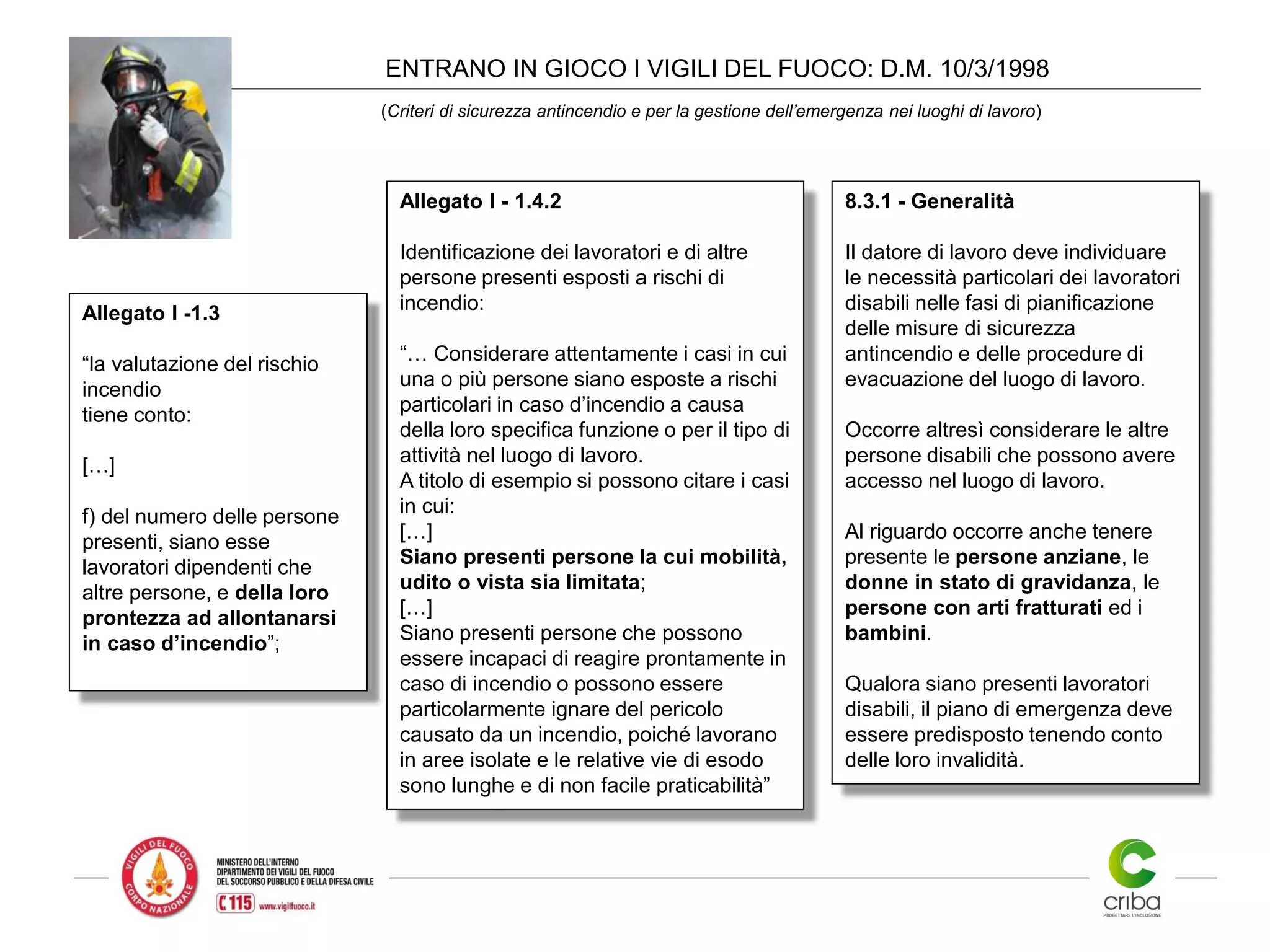 Allegato I -1.3
“la valutazione del rischio
incendio
tiene conto:
[…]
f) del numero delle persone
presenti, siano esse
lavoratori dipendenti che
altre persone, e della loro
prontezza ad allontanarsi
in caso d’incendio”;
Allegato I - 1.4.2
Identificazione dei lavoratori e di altre
persone presenti esposti a rischi di
incendio:
“… Considerare attentamente i casi in cui
una o più persone siano esposte a rischi
particolari in caso d’incendio a causa
della loro specifica funzione o per il tipo di
attività nel luogo di lavoro.
A titolo di esempio si possono citare i casi
in cui:
[…]
Siano presenti persone la cui mobilità,
udito o vista sia limitata;
[…]
Siano presenti persone che possono
essere incapaci di reagire prontamente in
caso di incendio o possono essere
particolarmente ignare del pericolo
causato da un incendio, poiché lavorano
in aree isolate e le relative vie di esodo
sono lunghe e di non facile praticabilità”
8.3.1 - Generalità
Il datore di lavoro deve individuare
le necessità particolari dei lavoratori
disabili nelle fasi di pianificazione
delle misure di sicurezza
antincendio e delle procedure di
evacuazione del luogo di lavoro.
Occorre altresì considerare le altre
persone disabili che possono avere
accesso nel luogo di lavoro.
Al riguardo occorre anche tenere
presente le persone anziane, le
donne in stato di gravidanza, le
persone con arti fratturati ed i
bambini.
Qualora siano presenti lavoratori
disabili, il piano di emergenza deve
essere predisposto tenendo conto
delle loro invalidità.
ENTRANO IN GIOCO I VIGILI DEL FUOCO: D.M. 10/3/1998
(Criteri di sicurezza antincendio e per la gestione dell’emergenza nei luoghi di lavoro)
 