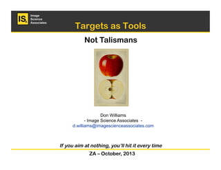 Image
Science
Associates

Targets as Tools
Not Talismans

Don Williams
- Image Science Associates d.williams@imagescienceassociates.com

If you aim at nothing, you’ll hit it every time
ZA – October, 2013

 