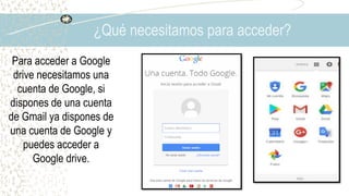 ¿Qué necesitamos para acceder?
Para acceder a Google
drive necesitamos una
cuenta de Google, si
dispones de una cuenta
de Gmail ya dispones de
una cuenta de Google y
puedes acceder a
Google drive.
 