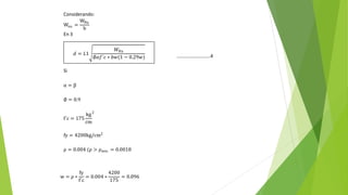 Considerando:
Wnu =
WNu
b
En 3
……………………….4
Si
α = β
∅ = 0.9
f´c = 175
kg
cm
2
fy = 4200kg/cm2
ρ = 0.004 (ρ > ρmin = 0.0018
w = ρ ∗
fy
f´c
= 0.004 ∗
4200
175
= 0.096
𝑑 = 𝐿1
𝑊𝑁𝑢
∅𝛼𝑓´𝑐 ∗ 𝑏𝑤(1 − 0.29𝑤)
 