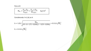 Para e=0
Considerando h=1.2d, en 4
h = 1.2L1
Wnu
0.9 ∗ 8 ∗ 175 ∗ 0.096(1 − 0.59 ∗ 0.096)
= 0.11L1 Wnu
h = 0.11L1 Wnu
𝑊
𝑛𝑢 =
𝑃1𝑢+𝑃2𝑢
𝐴𝑧𝑎𝑝𝑎𝑡 .
=
𝑃1𝑢 + 𝑃2𝑢
𝑏𝐿𝑧𝑎𝑝𝑎𝑡 .
𝑘𝑔/𝑐𝑚2
 