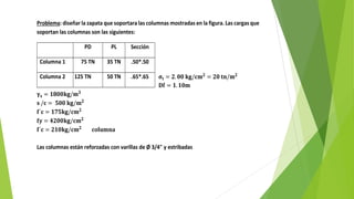 Problema: diseñar la zapata que soportara las columnas mostradas en la figura. Las cargas que
soportan las columnas son las siguientes:
𝛔𝐭 = 𝟐.𝟎𝟎 𝐤𝐠/𝐜𝐦𝟐
= 𝟐𝟎 𝐭𝐧/𝐦𝟐
𝐃𝐟 = 𝟏.𝟏𝟎𝐦
𝛄𝐬 = 𝟏𝟖𝟎𝟎𝐤𝐠/𝐦𝟑
𝐬 /𝐜 = 𝟓𝟎𝟎 𝐤𝐠/𝐦𝟐
𝐟´𝐜 = 𝟏𝟕𝟓𝐤𝐠/𝐜𝐦𝟐
𝐟𝐲 = 𝟒𝟐𝟎𝟎𝐤𝐠/𝐜𝐦𝟐
𝐟´𝐜 = 𝟐𝟏𝟎𝐤𝐠/𝐜𝐦𝟐
𝐜𝐨𝐥𝐮𝐦𝐧𝐚
Las columnas están reforzadas con varillas de Ø 3/4" y estribadas
PD PL Sección
Columna 1 75 TN 35 TN .50*.50
Columna 2 125 TN 50 TN .65*.65
 