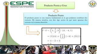 Producto Punto y Cruz
Producto Punto
El producto punto es una manera fundamental en la que podemos combinar dos
vectores. ...