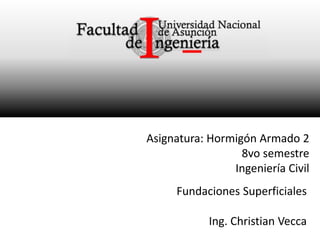 Asignatura: Hormigón Armado 2
8vo semestre
Ingeniería Civil
Fundaciones Superficiales
Ing. Christian Vecca
 