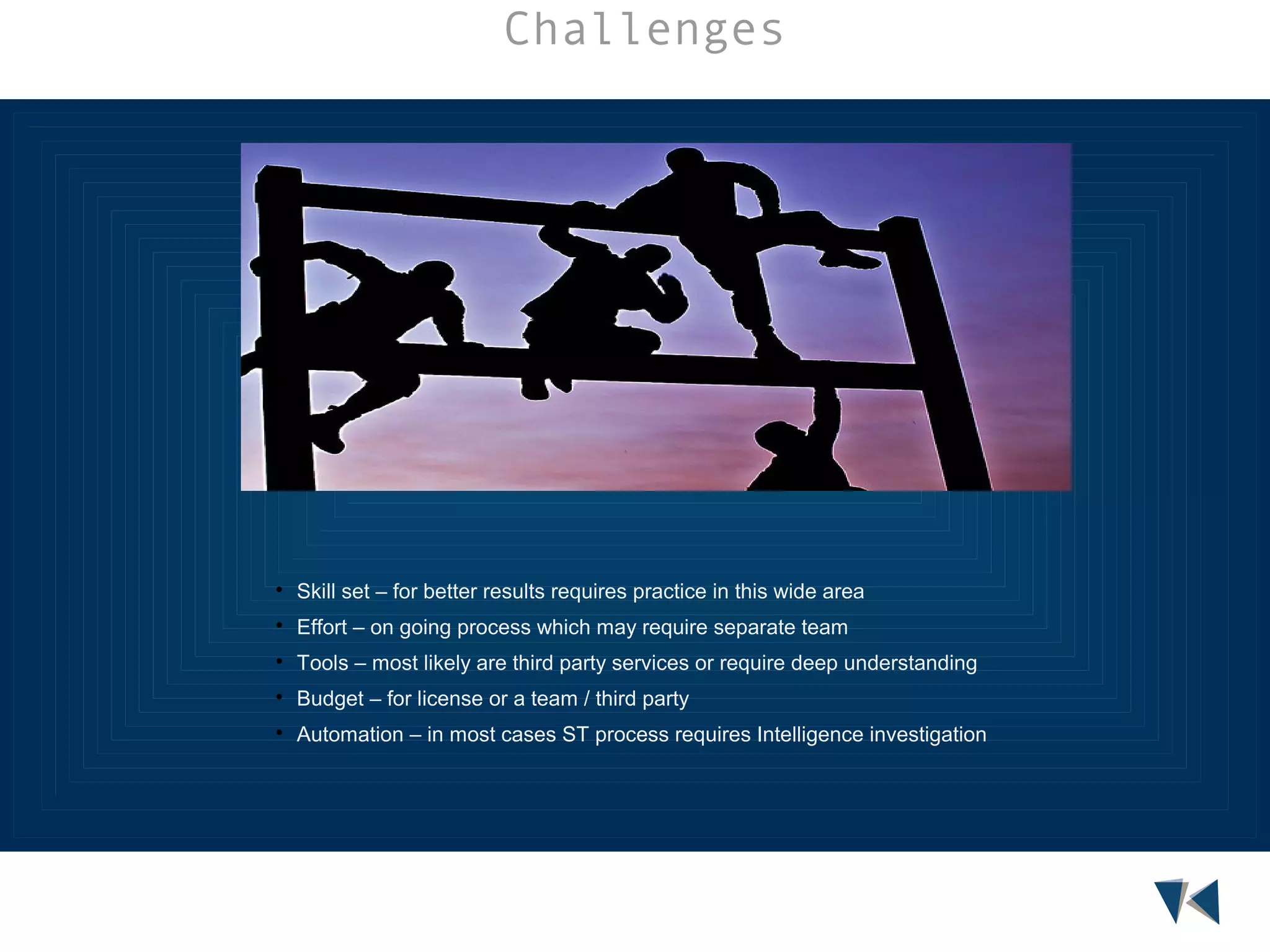 Challenges



Skill set – for better results requires practice in this wide area



Effort – on going process which may require separate team



Tools – most likely are third party services or require deep understanding



Budget – for license or a team / third party



Automation – in most cases ST process requires Intelligence investigation

 