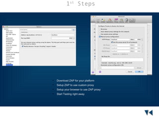 1st Steps



Download ZAP for your platform



Setup ZAP to use custom proxy



Setup your browser to use ZAP proxy



Start Testing right away

 