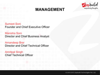 MANAGEMENT
Sumeet Soni
Founder and Chief Executive Officer
Manisha Soni
Director and Chief Business Analyst
Amandeep Brar
Director and Chief Technical Officer
Amritpal Singh
Chief Technical Officer
 