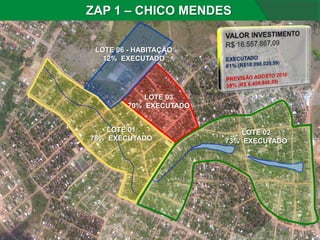 ZAP 1 – CHICO MENDES


 LOTE 06 - HABITAÇÃO
   12% EXECUTADO




             LOTE 03
         70% EXECUTADO


    LOTE 01                  LOTE 02
78% EXECUTADO            73% EXECUTADO
 