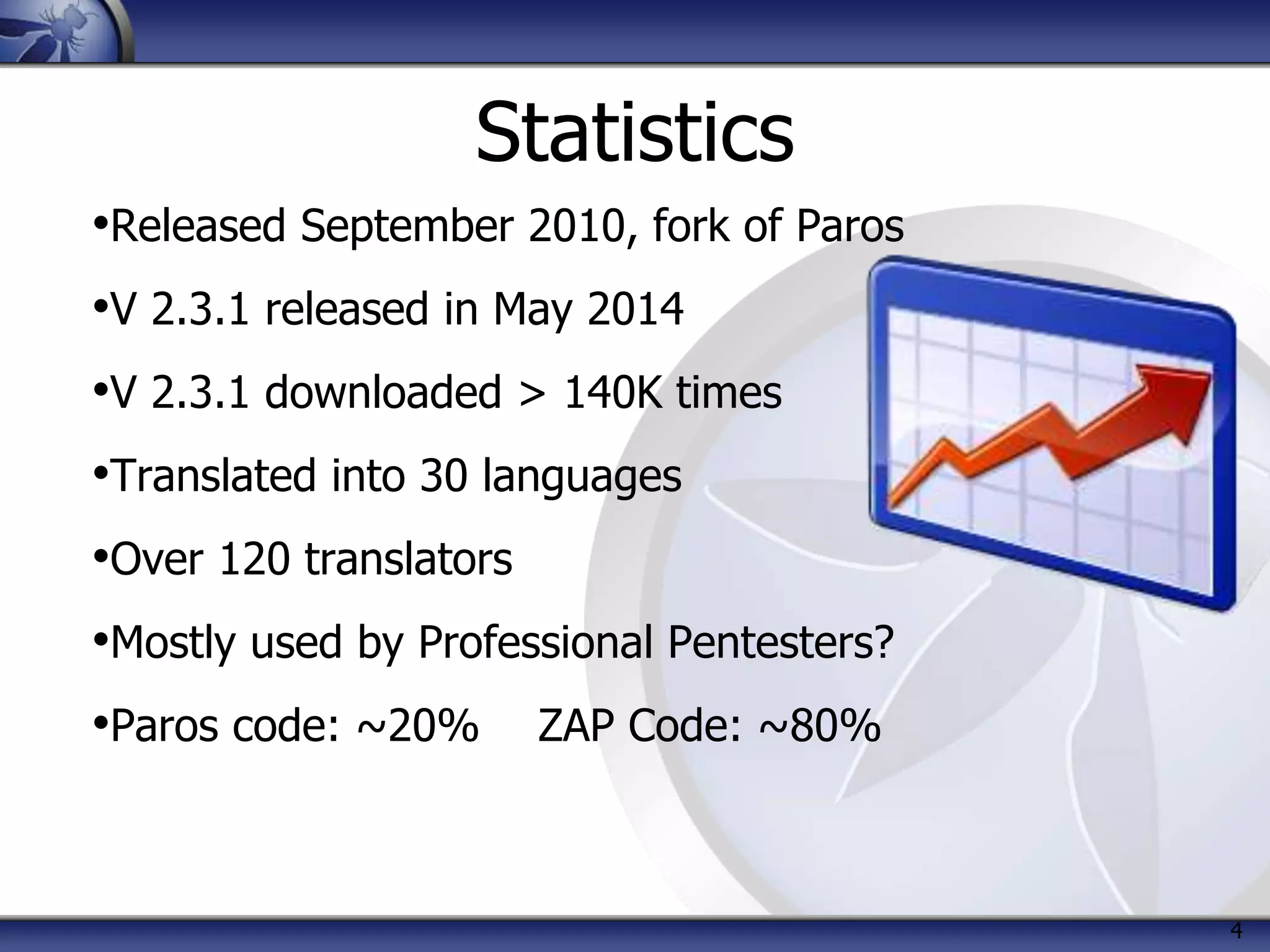 4
Statistics
•Released September 2010, fork of Paros
•V 2.3.1 released in May 2014
•V 2.3.1 downloaded > 140K times
•Translated into 30 languages
•Over 120 translators
•Mostly used by Professional Pentesters?
•Paros code: ~20% ZAP Code: ~80%
 