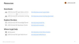 z/OS Connect EE
Resources
37
Downloads
Explore the docs
Where to get help
z/OS Connect EE open beta runtime
z/OS Connect EE workstation tooling
z/OS Connect EE Knowledge Center
z/OS Connect EE Developer Center
dW Answers
z/OS Connect EE open beta forum
ibm.biz/zosconnect-open-beta
ibm.biz/zosconnect-tooling-download
ibm.biz/zosconnect-kc
ibm.biz/zosconnectdc
ibm.biz/zosconnect-dw-answers
ibm.biz/zcee-beta-forum
IBM Z / © 2018 IBM Corporation
 
