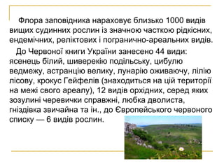 Флора заповідника нараховує близько 1000 видів
вищих судинних рослин із значною часткою рідкісних,
ендемічних, реліктових і погранично-ареальних видів.
До Червоної книги України занесено 44 види:
ясенець білий, шиверекію подільську, цибулю
ведмежу, астранцію велику, лунарію оживаючу, лілію
лісову, крокус Гейфелів (знаходиться на цій території
на межі свого ареалу), 12 видів орхідних, серед яких
зозулині черевички справжні, любка дволиста,
гніздівка звичайна та ін., до Європейського червоного
списку — 6 видів рослин.
 