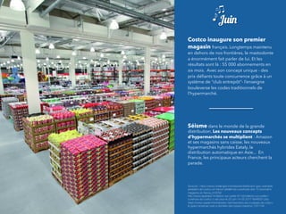 Juin
Costco inaugure son premier
magasin français. Longtemps maintenu
en dehors de nos frontières, le mastodonte
a énormément fait parler de lui. Et les
résultats sont là : 55 000 abonnements en
six mois.  Avec son concept unique - des
prix déﬁants toute concurrence grâce à un
système de “club entrepôt”- l’enseigne
bouleverse les codes traditionnels de
l’hypermarché.
Séisme dans le monde de la grande
distribution. Les nouveaux concepts
d’hypermarchés se multiplient : Amazon
et ses magasins sans caisse, les nouveaux
hypermarchés hybrides Eataly, la
distribution automatique en Asie...  En
France, les principaux acteurs cherchent la
parade.
Sources : https://www.challenges.fr/entreprise/distribution-gary-swindells-
president-de-costco-en-france-detaille-les-ouvertures-des-12-prochains-
magasins-en-france_518762
http://www.leparisien.fr/villebon-sur-yvette-91140/villebon-sur-yvette-l-
ouverture-de-costco-c-est-pour-le-22-juin-14-05-2017-6948501.php
https://www.capital.fr/entreprises-marches/dans-les-coulisses-de-costco-
le-geant-americain-pret-a-racheter-des-hypers-carrefour-1251749
 