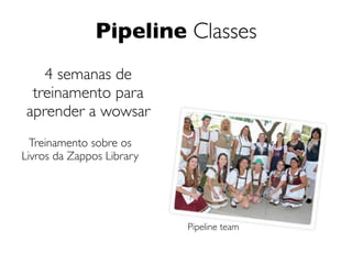 Pipeline Classes
   4 semanas de
 treinamento para
aprender a wowsar
  Treinamento sobre os
Livros da Zappos Library




                           Pipeline team
 