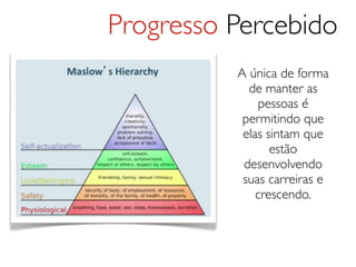Progresso Percebido
          A única de forma
            de manter as
              pessoas é
           permitindo que
           elas sintam que
                 estão
           desenvolvendo
           suas carreiras e
              crescendo.
 