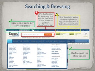 Searching & BrowsingWhether looking for something very specific, or a broad search, there’s no guide on where/how to startAll of these links lead to the login/registration page. Possible sources of distraction or confusionEasy to spot customer service numberDrilldown of the store’s goods