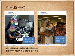 컨텐츠 분석




             좋아요 2명       좋아요 5명
             댓글 76개       댓글 71개



기업 내 행사 때 사원들의 재미 있는 모습
전반적으로 팬들에게 큰 반응을 얻지 못함
 