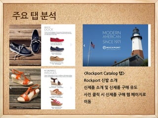 주요 탭 분석




          <Rockport Catalog 탭>
          Rockport 신발 소개
          신제품 소개 및 신제품 구매 유도
          사진 클릭 시 신제품 구매 웹 페이지로
          이동
 