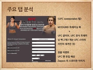 주요 탭 분석
          <UFC sweepstakes 탭>


          MYOGRID 트레이닝 복
                  +
          UFC 글러브, UFC 공식 트레이
          닝 백 2개(1개는 UFC 스타의
          사인이 새겨진 것)


          경품 이벤트
          UFC 팬 유입 예상
          Zappos 의 스포티한 이미지
 