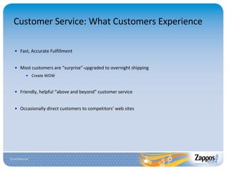 Customer Service: What Customers Experience Fast, Accurate Fulfillment Most customers are “surprise”-upgraded to overnight shipping Create WOW Friendly, helpful “above and beyond” customer service Occasionally direct customers to competitors’ web sites 