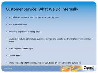 Customer Service: What We Do Internally No call times, no sales-based performance goals for reps Run warehouse 24/7 Inventory all product (no drop-ship) 5 weeks of culture, core values, customer service, and warehouse training for everyone in Las Vegas We’ll pay you $2000 to quit Culture book Interviews and performance reviews are 50% based on core values and culture fit 