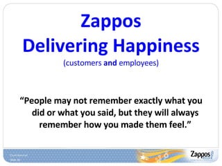 Zappos Delivering Happiness (customers  and  employees) “ People may not remember exactly what you did or what you said, but they will always remember how you made them feel.” 