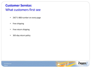 Customer Service: What customers first see 24/7 1-800 number on every page Free shipping Free return shipping 365-day return policy 