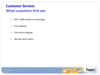 Customer Service: What customers first see 24/7 1-800 number on every page Free shipping Free return shipping 365-day return policy 